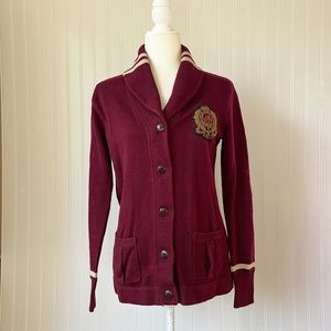 RALPH LAUREN RUGBY | Varsity Cardigan Sweater Maroon and Cream Stripes Size S